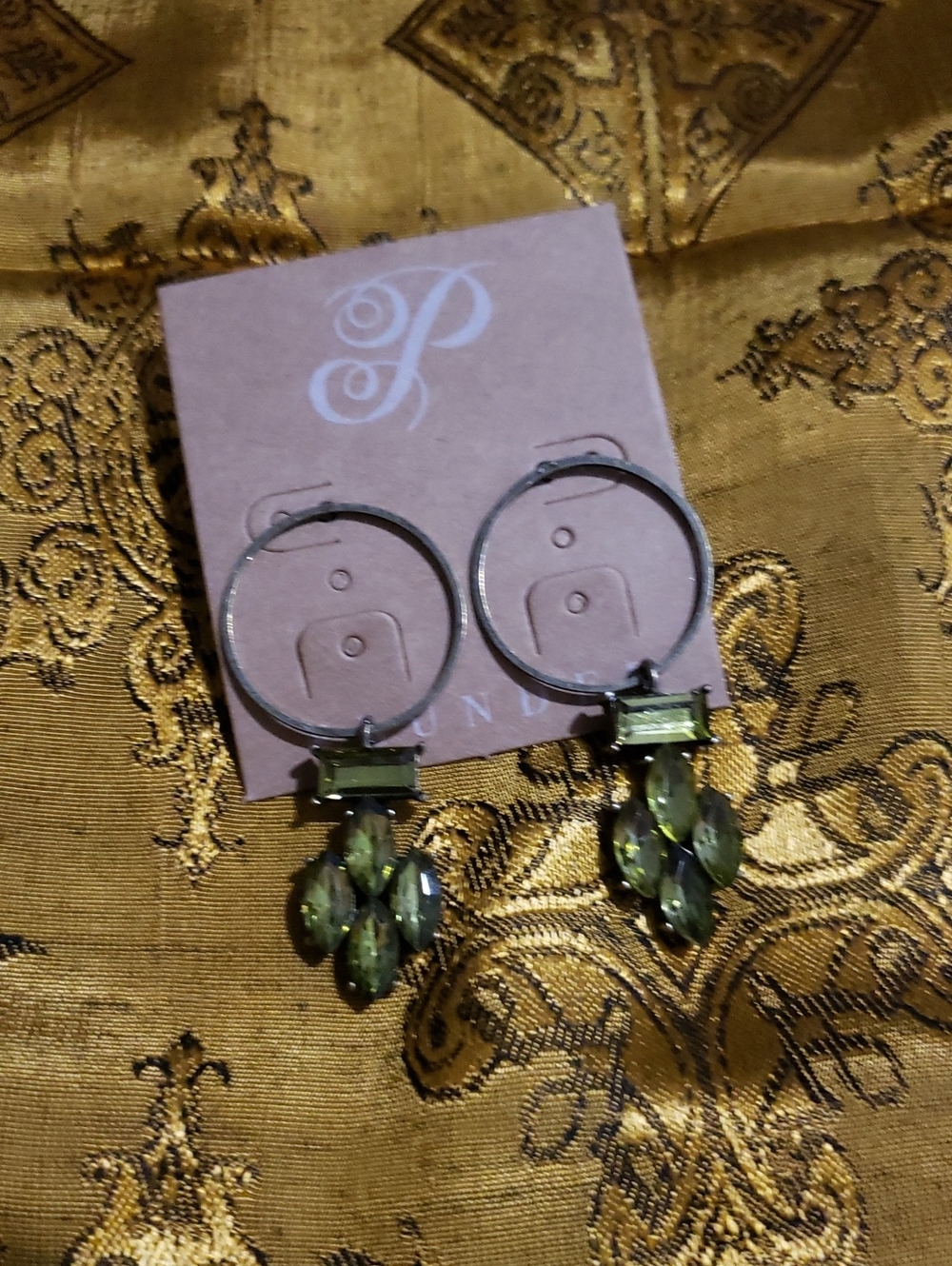 NWT-Olive Green Crystal Hoop Drop Earrings - Women Jewelry Plunder - Picture 2 of 4
